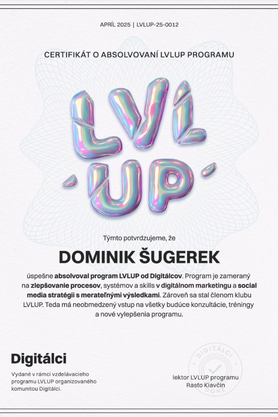certifikát LVLUP